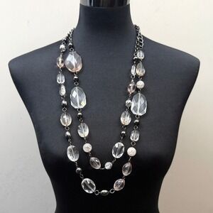 NY Chunky Statement Necklace Two Strand Acrylic Bead Gunmetal Jewelry 16 in L
